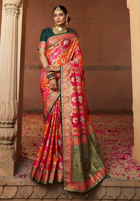 Coral Pink Woven Design Cotton Silk Saree Set