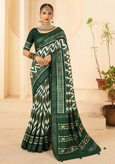 Palm Green Chevron Print Cotton Silk Saree Set