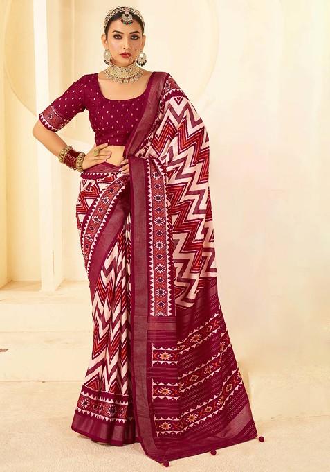 Maroon Chevron Print Cotton Silk Saree Set