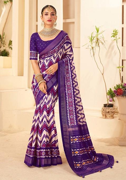 Dark Purple Chevron Print Cotton Silk Saree Set