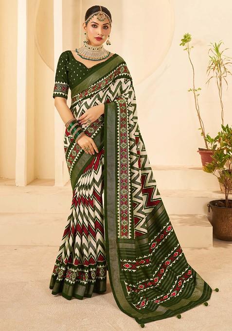 Dark Green Chevron Print Cotton Silk Saree Set