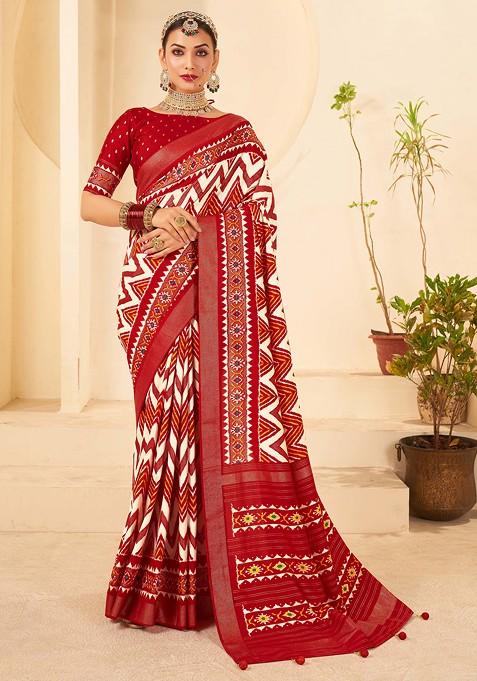 Red And Wine Chevron Print Cotton Silk Saree Set