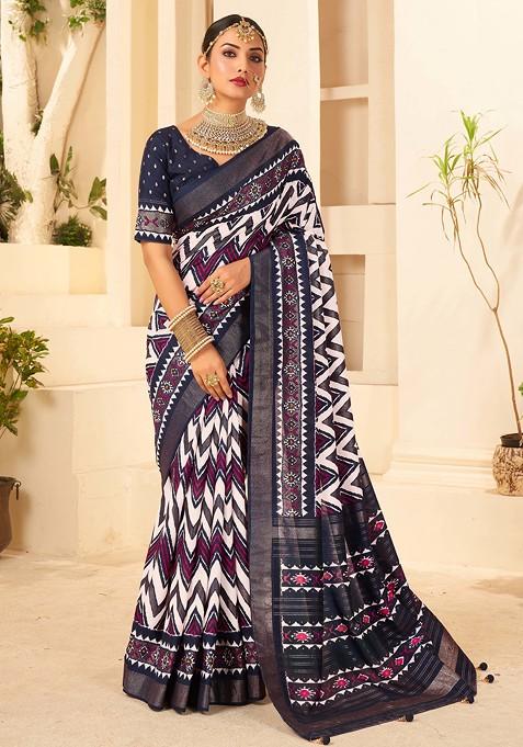 Dark Blue Chevron Print Cotton Silk Saree Set