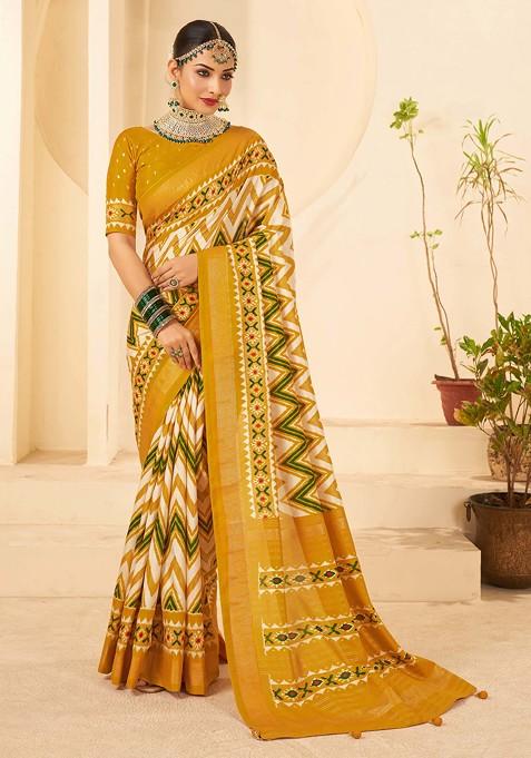 Mustard Chevron Print Cotton Silk Saree Set