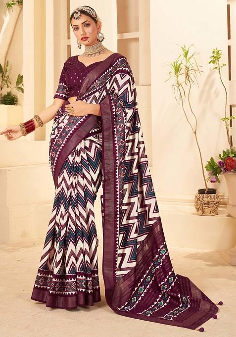 Wine Chevron Print Cotton Silk Saree Set