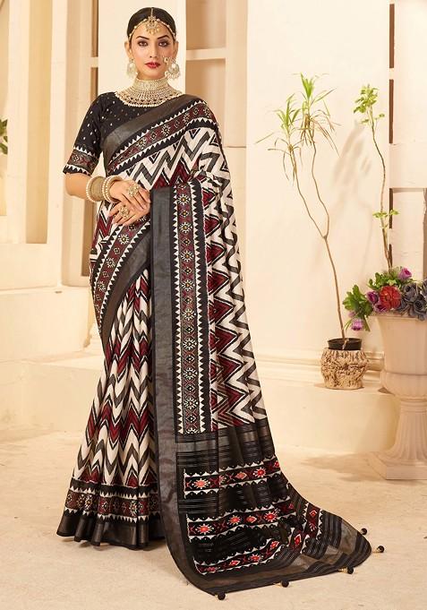 Dark Brown Chevron Print Cotton Silk Saree Set