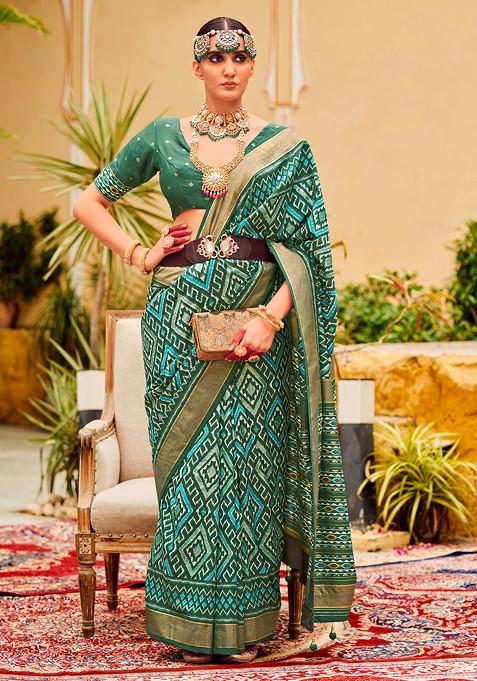 Sea Green Chevron Print Cotton Silk Saree Set