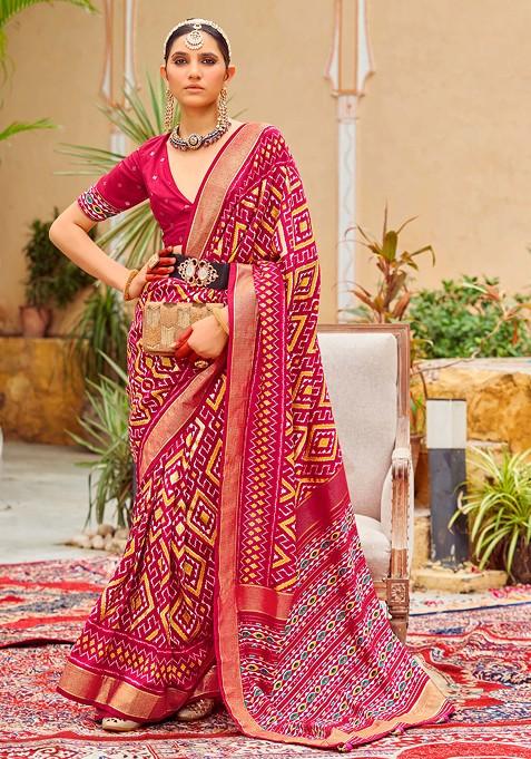 Dark Pink Chevron Print Cotton Silk Saree Set