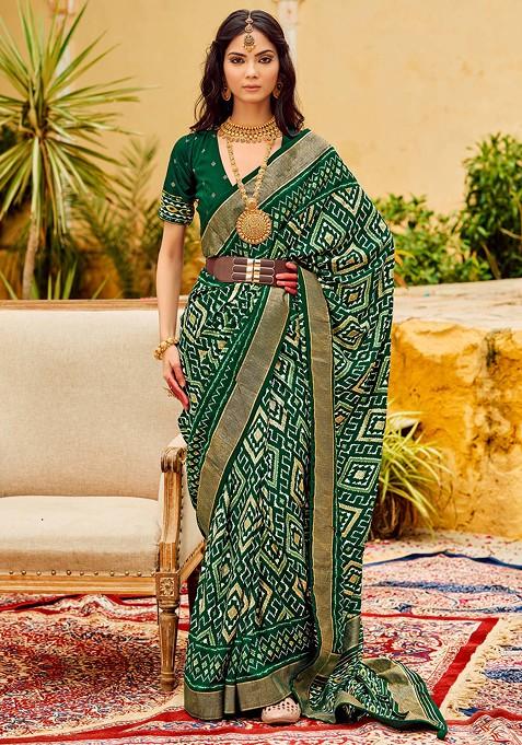 Dark Green Chevron Print Cotton Silk Saree Set