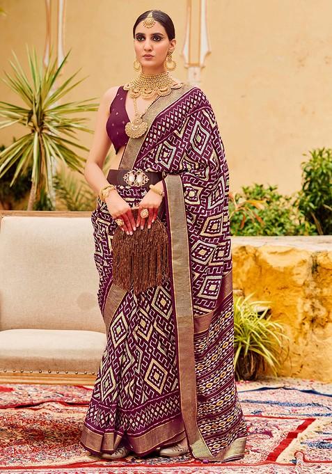 Wine Chevron Print Cotton Silk Saree Set