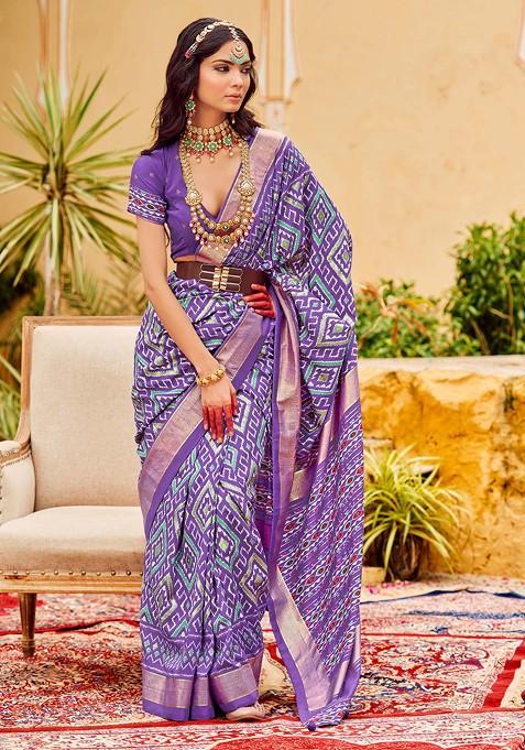 Purple Chevron Print Cotton Silk Saree Set