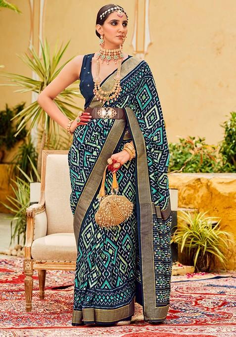 Dark Blue Chevron Print Cotton Silk Saree Set