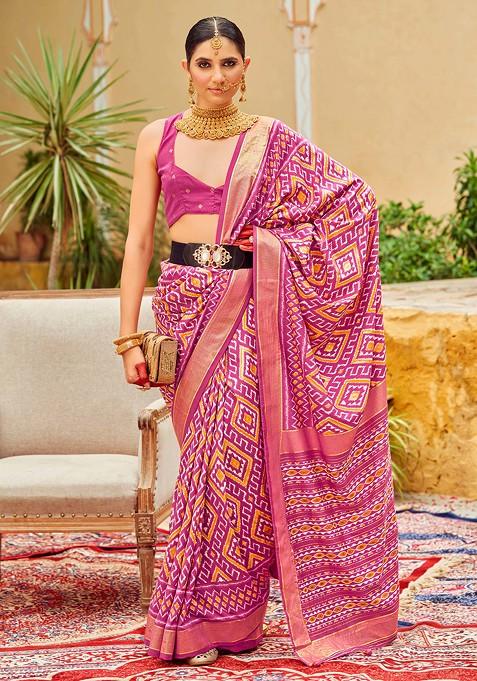 Dark Pink Chevron Print Cotton Silk Saree Set