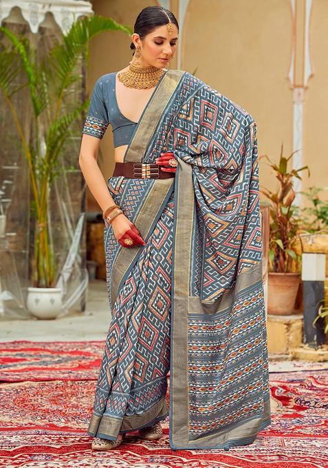 Grey Chevron Print Cotton Silk Saree Set