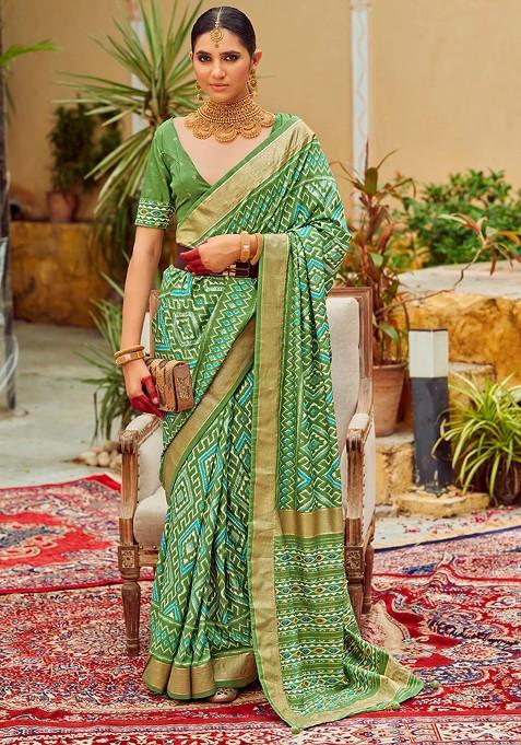 Light Green Chevron Print Cotton Silk Saree Set