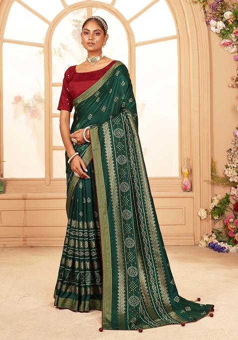 Lunar Green Bandhani Print Cotton Silk Saree Set