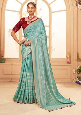 Aqua Blue Bandhani Print Cotton Silk Saree Set