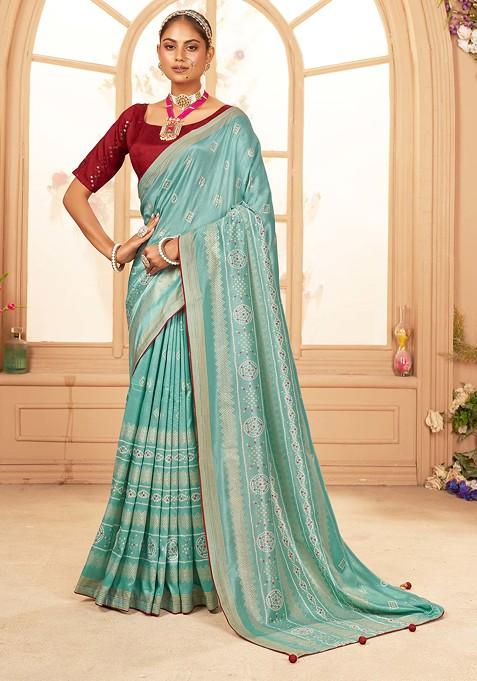 Aqua Blue Bandhani Print Cotton Silk Saree Set