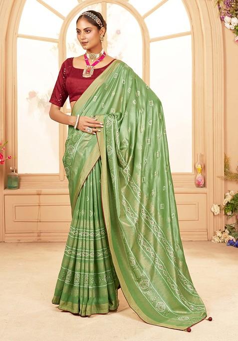 Dull Green Bandhani Print Cotton Silk Saree Set