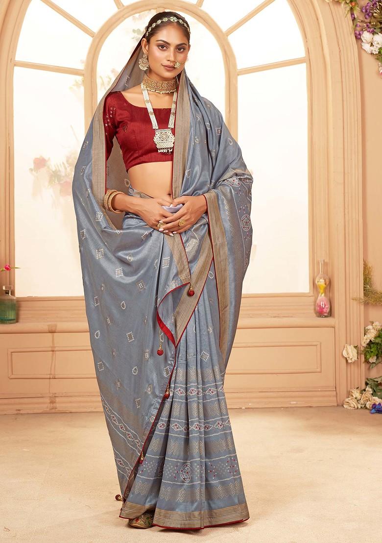Grey Bandhani Print Cotton Silk Saree Set