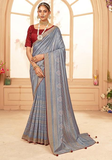 Grey Bandhani Print Cotton Silk Saree Set