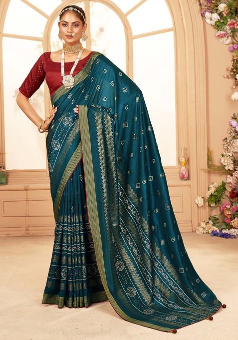 Peacock Blue Bandhani Print Cotton Silk Saree Set