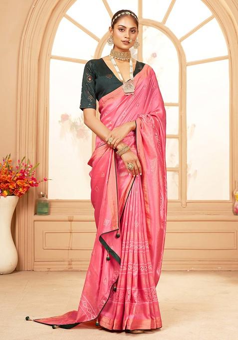 Rose Pink Bandhani Print Cotton Silk Saree Set