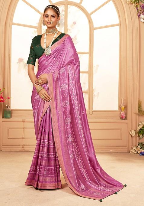 Tulip Pink Bandhani Print Cotton Silk Saree Set