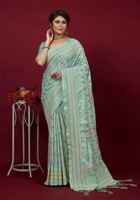 Aqua Blue Chikankari Embroidered Cotton Silk Saree Set