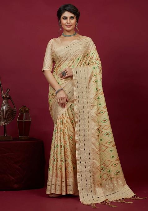 Beige Chikankari Embroidered Cotton Silk Saree Set