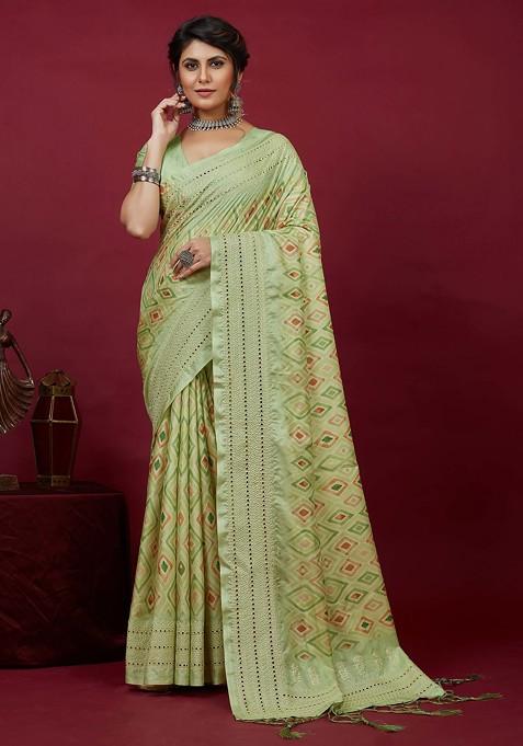 Olive Green Chikankari Embroidered Cotton Silk Saree Set