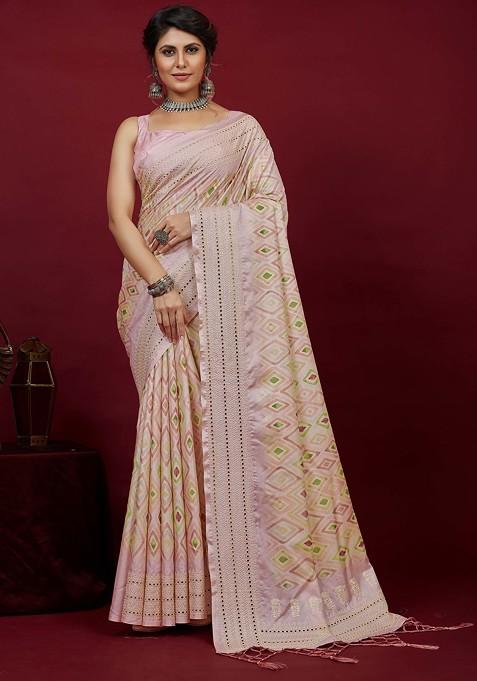 Pink Chikankari Embroidered Cotton Silk Saree Set