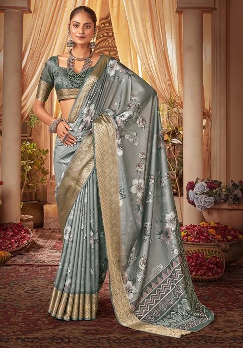 Grey Digital Floral Print Cotton Silk Saree Set