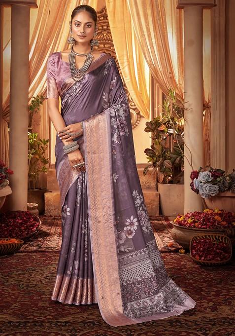 Purple Digital Floral Print Cotton Silk Saree Set
