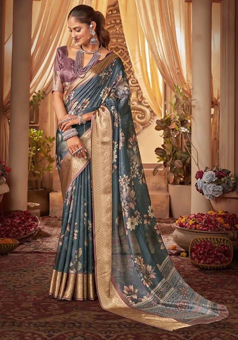 Peacock Blue Digital Floral Print Cotton Silk Saree Set