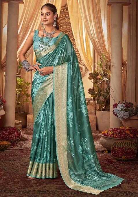 Teal Blue Digital Floral Print Cotton Silk Saree Set