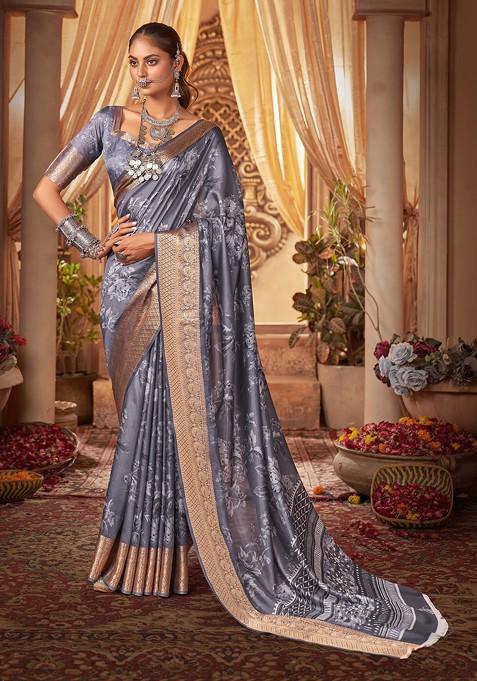 Lavender Digital Floral Print Cotton Silk Saree Set