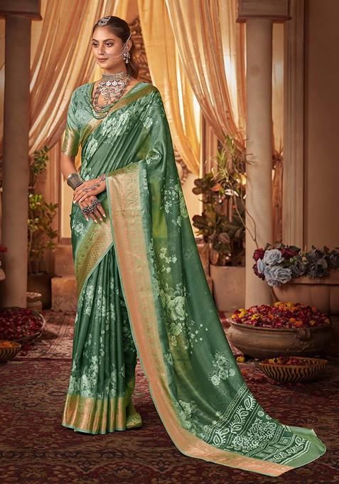 Sea Green Digital Floral Print Cotton Silk Saree Set