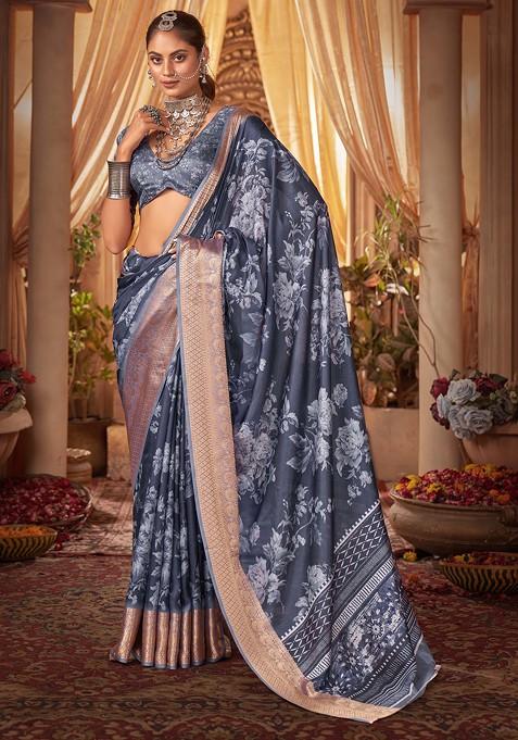 Navy Blue Digital Floral Print Cotton Silk Saree Set