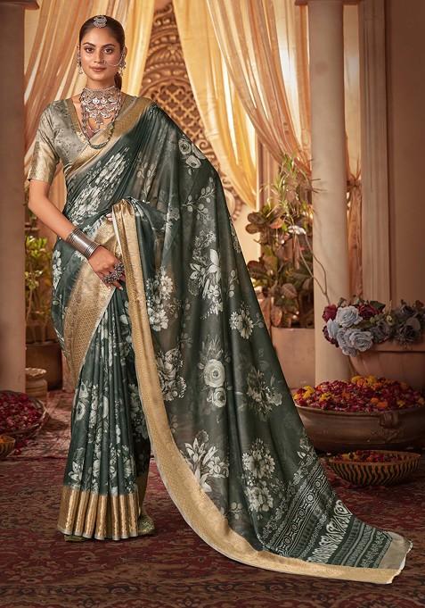 Charcoal Grey Digital Floral Print Cotton Silk Saree Set