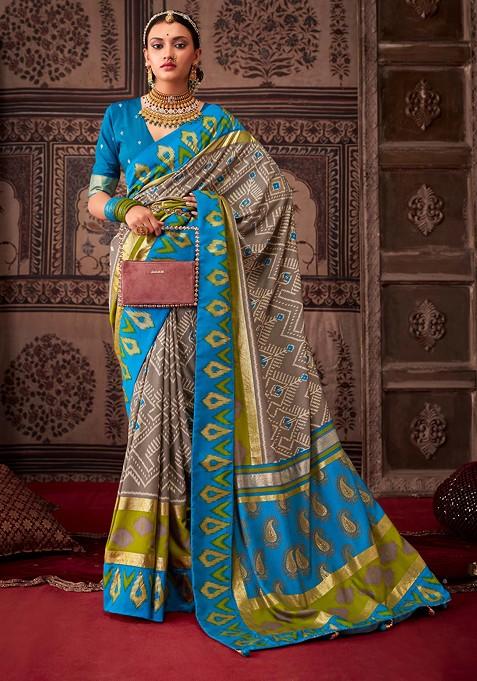 Brown And Grey Ikat Print Cotton Silk Saree Set