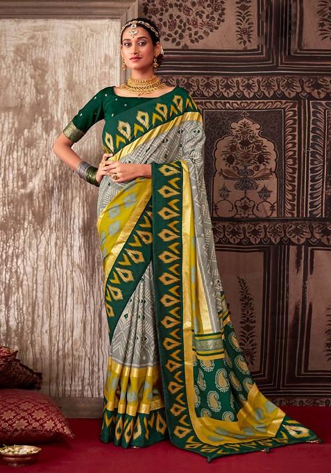 Friar Grey Ikat Print Cotton Silk Saree Set