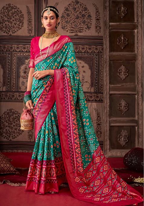 Pine Green Ikat Print Cotton Silk Saree Set