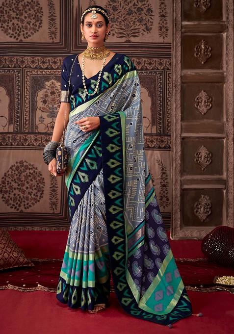 Slate Grey Ikat Print Cotton Silk Saree Set
