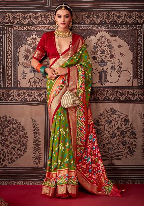 Olive Green Ikat Print Cotton Silk Saree Set