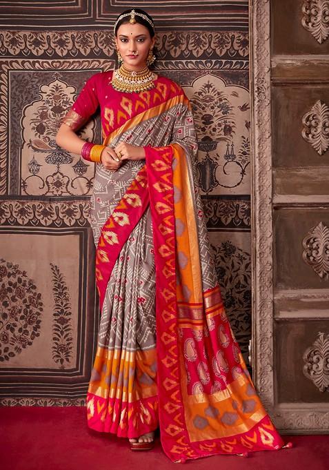 Red And Grey Ikat Print Cotton Silk Saree Set