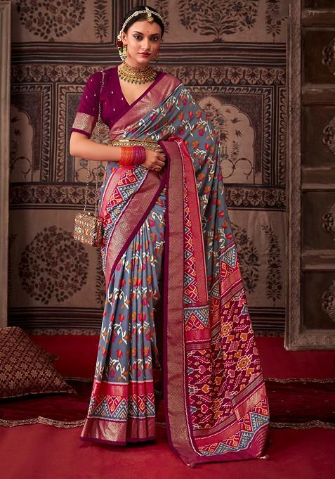 Mid Grey Ikat Print Cotton Silk Saree Set