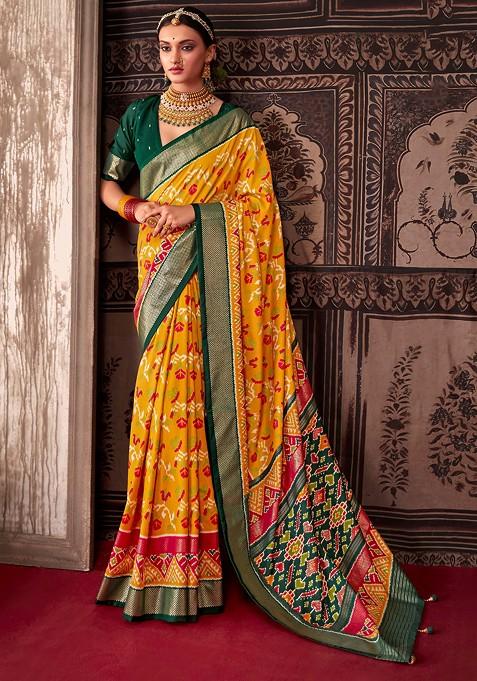 Bee Yellow Ikat Print Cotton Silk Saree Set