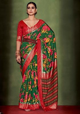 Sherwood Green Floral Print Cotton Silk Saree Set