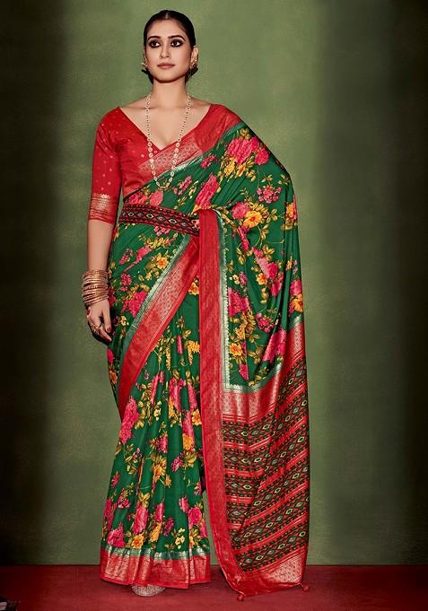 Sherwood Green Floral Print Cotton Silk Saree Set